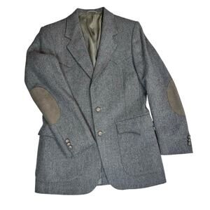 VTG 70s 80s Wrangler Herringbone Wool Blazer 38R Gray Elbow Patches Western